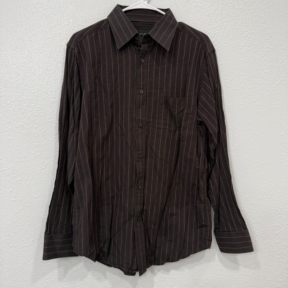 MB Studio Mens Large Brown Pinstripe Button Down Shirt Long Sleeve Cotton L